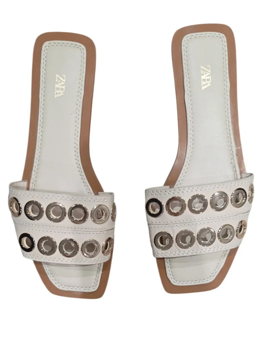 Zara Ivory Leather Slide Sandals with Metallic Grommets Size 7.5